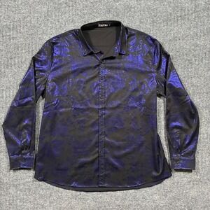 ZERoyaa Dress Shirt Mens 2XL Black Purple Floral Button Up Party Clubwear